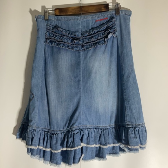 Anthropologie Odd Molly Crisscross Ruffle Jean Mini Skirt Back Zip Size 2; CUTE! - Picture 7 of 16